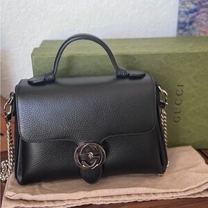 Gucci Black Leather Satchel with Silver Accents, Like new come with bags and box